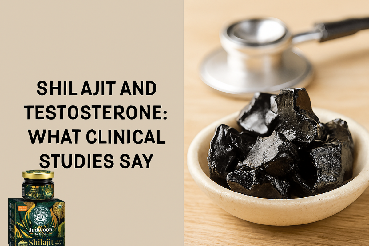 Bowl of dark Shilajit resin on a wooden surface with a stethoscope in the background, illustrating the connection between Ayurvedic supplements and testosterone clinical studies.